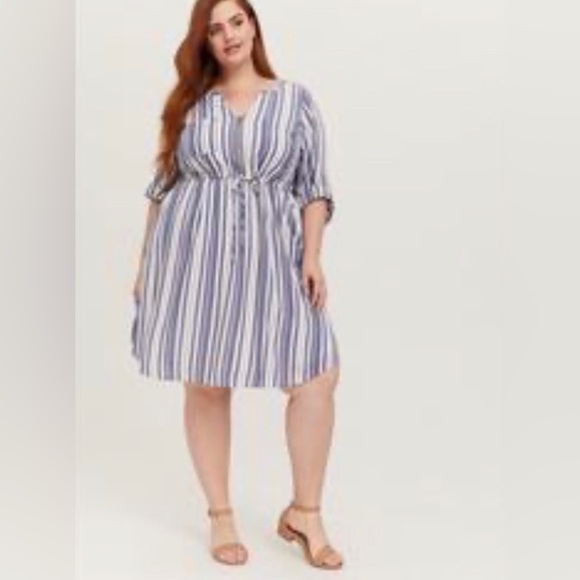 TORRID Sz 3 Blue & White Stripe Zip Front Drawstring Shirt Dress New with Tags - Picture 1 of 15